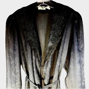 VTG Victoria’s Secret Gold Label Black Robe Med Full Length Lace Jacquard 80s